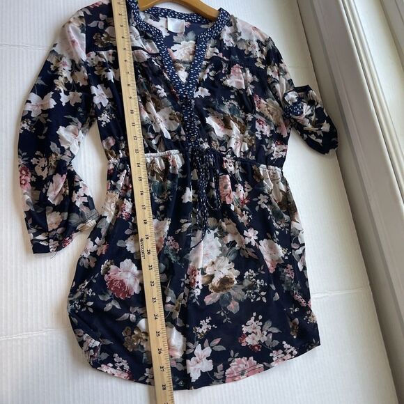 Womens Babydoll Top XL Floral V Neck Button Up Stretch Roll Tab Tunic Semi Sheer - Picture 9 of 12